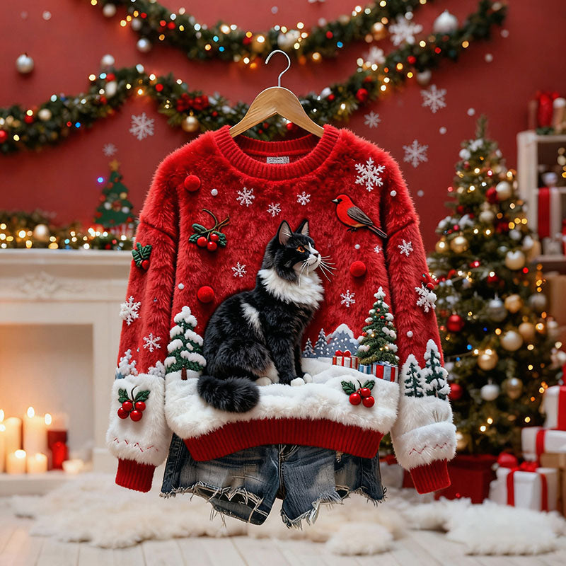 Women's Christmas Cat-themed Plush Sweater elevenforest