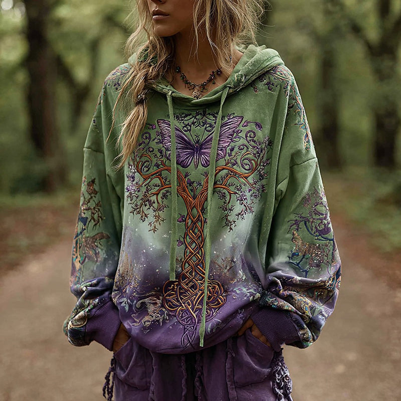 Women's Vintage Viking Celtic Knot Tree Of Life Gradient Hoodie elevenforest