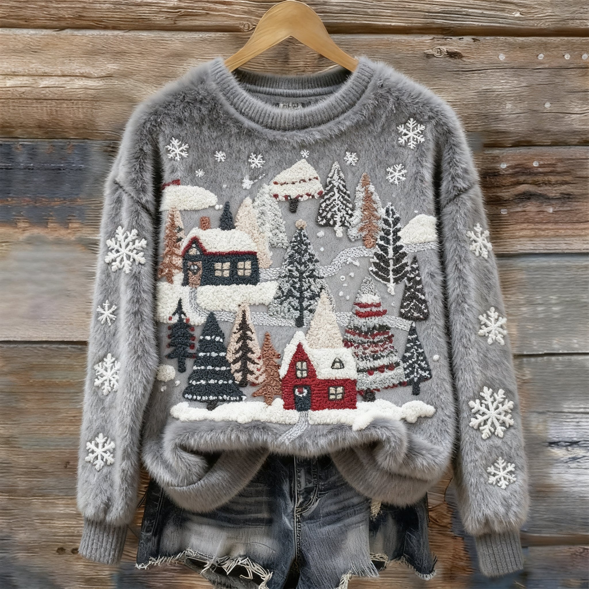 Comstylish Women's Christmas Snow Scene Embroidery Cozy Plush Sweater