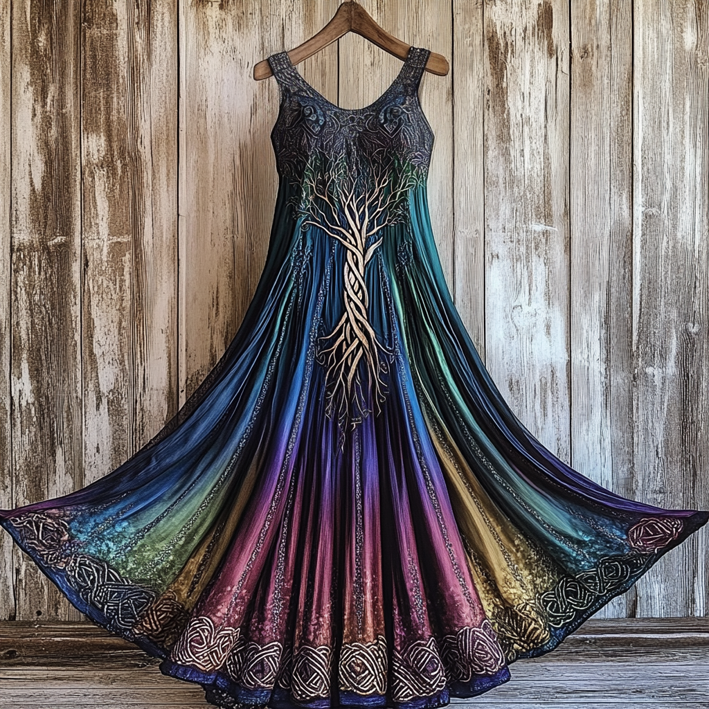 Women's Vintage Viking Tree Of Life Gradient Pattern Cotton And Linen Sleeveless Dress elevenforest