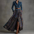Comstylish Vintage Style Suede And Plaid Patchwork Maxi Dress (with Belt)