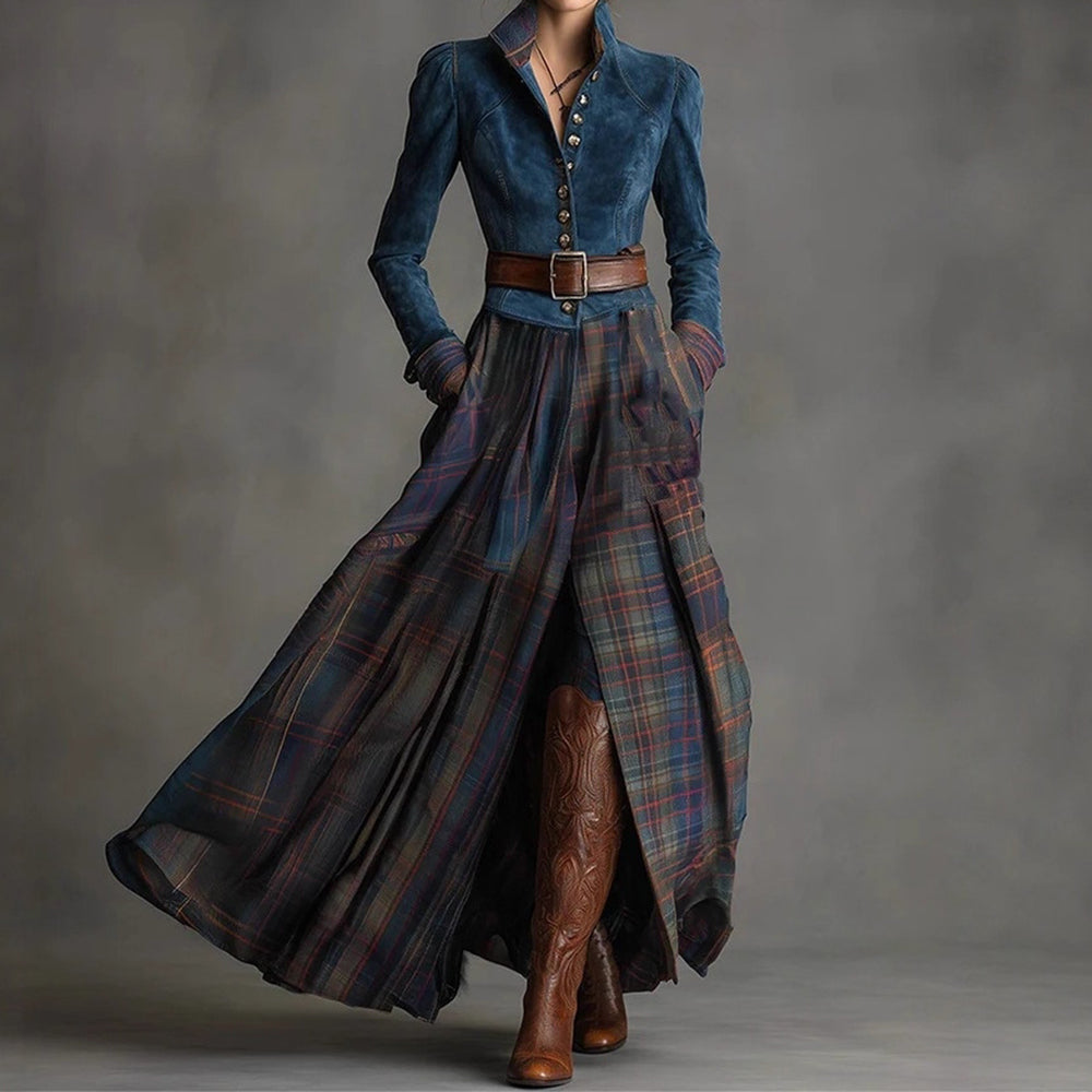 Comstylish Vintage Style Suede And Plaid Patchwork Maxi Dress (with Belt)