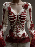 Comstylish Vintage Skeleton Bloody Roses V Neck Knit Sweater