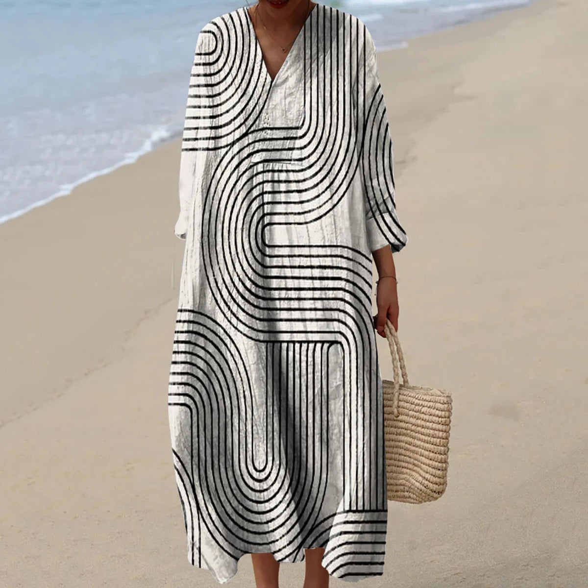 Vintage Stripe Art Cotton Linen Comfy Maxi Dress elevenforest