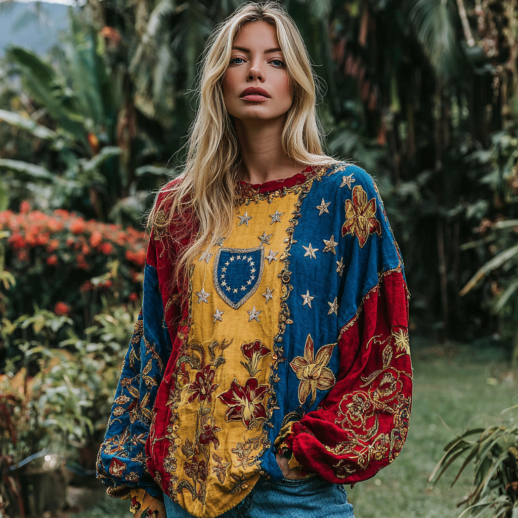 Women's Vintage Stand With Venezuela Venezuela Flag With Floral Art Linen Blend Blouses elevenforest