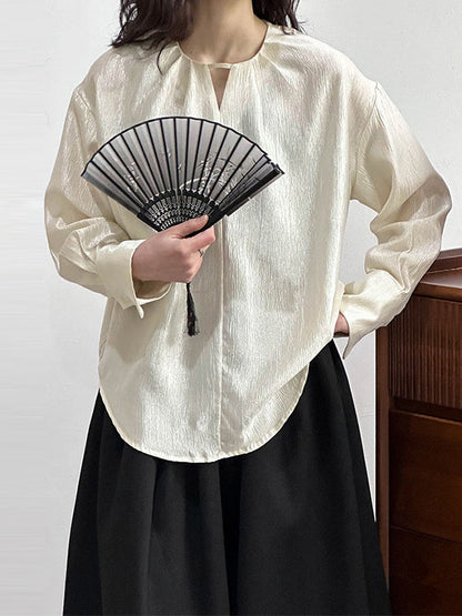 Long Sleeves Loose Hollow Shiny Color Round-neck Blouses&shirts Tops