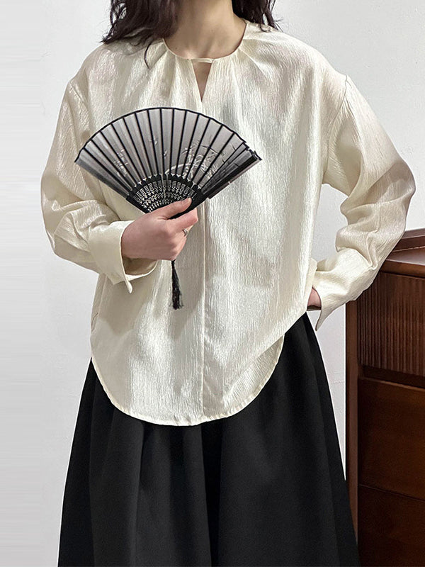 Long Sleeves Loose Hollow Shiny Color Round-neck Blouses&shirts Tops