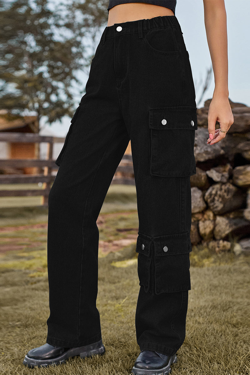 Street Pocket Mid Waist Loose Denim Jeans