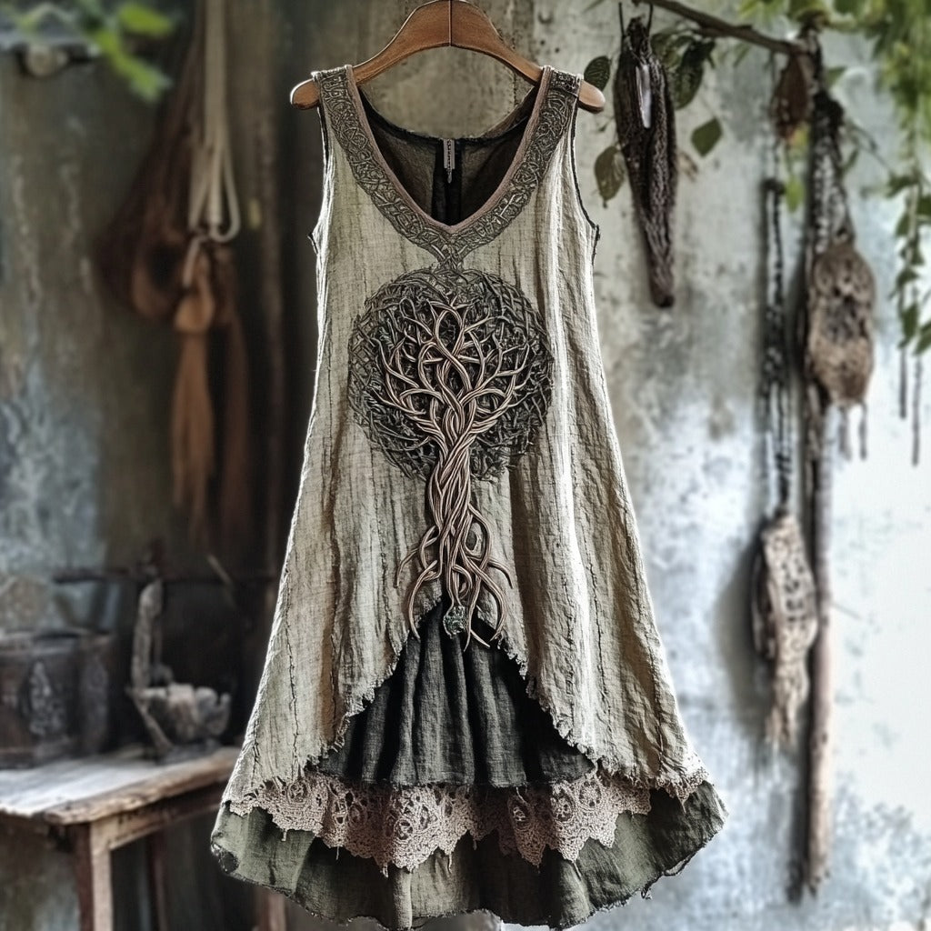 Tribal Tree Of Life Lace Patchwork Art Linen Tank Dress elevenforest