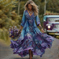 Vintage Purple And Blue Lavender Patchwork And Floral Embroidered Art Linen Maxi Dress elevenforest