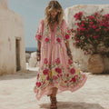 Women's Pink Rose Embroidery Bohemian V-neck Linen Blend Midi Dress elevenforest