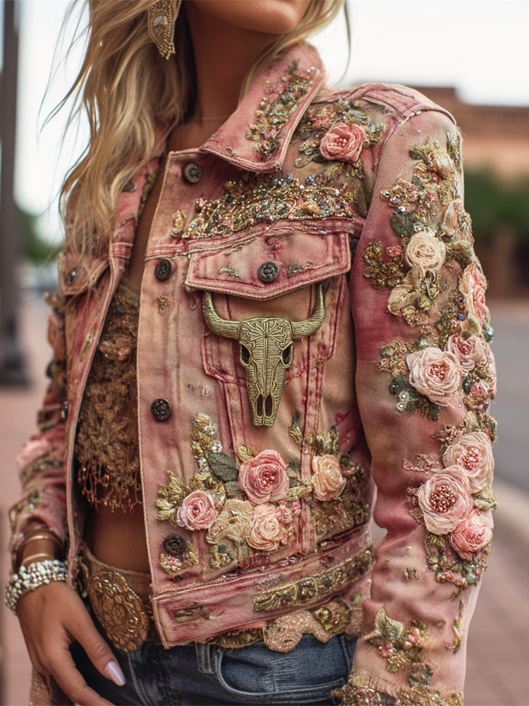 Boho Floral Bull Skull Art Women's Vintage Denim Jacket elevenforest