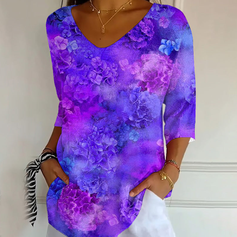 Women's Casual Purple Awareness Purple Floral Graphic Print V Neck T-shirt elevenforest