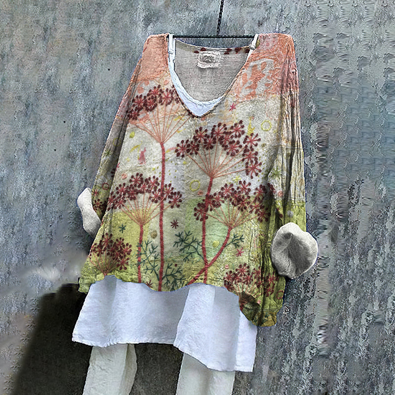 Retro Fanciful Garden Floral Embroidered Art Linen Blend Tunic elevenforest