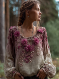Bohemian Style Round Neck Long Sleeve 3d Purple Flower Design Cotton And Linen Top For Women elevenforest