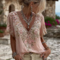 Women's Floral Embroidered Art V-neck Short Sleeved Linen Blend T-shirt