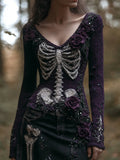 Comstylish Women's Halloween Skeleton Withered Rose Purple V-neck Sweater