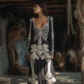 Vintage Skeleton White Floral Beaded Linen Maxi Dress elevenforest