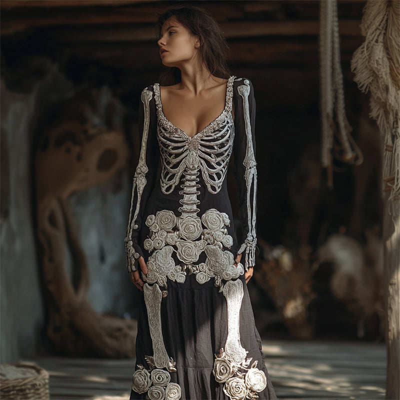 Vintage Skeleton White Floral Beaded Linen Maxi Dress elevenforest