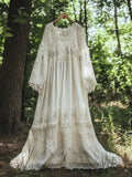 Vintage Floral Embroidered Lace Hem Linen Flowy Maxi Dress elevenforest