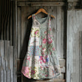 Vintage Floral And Birds Patchwork Art Linen Blend Tank Dress elevenforest