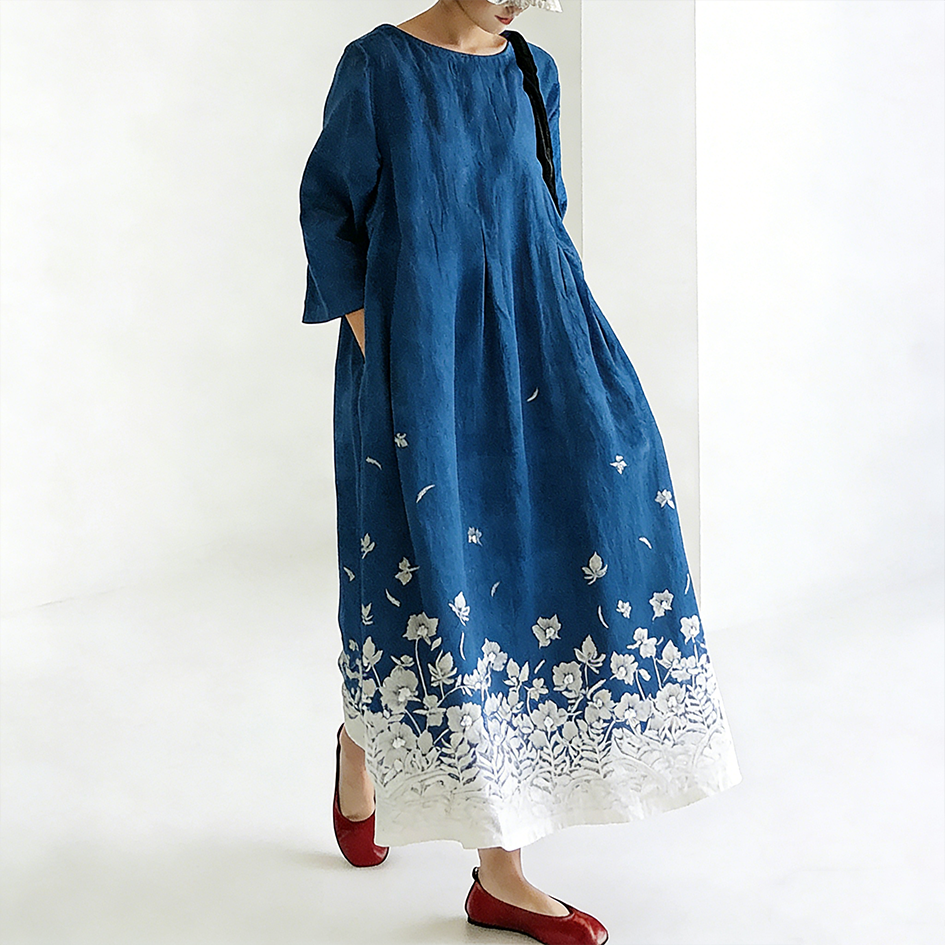 Comstylish Japanese Art Retro Plant Flower Printed Dress