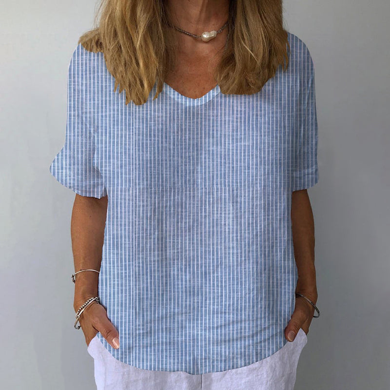 Women's Retro Striped Cotton And Linen Top elevenforest