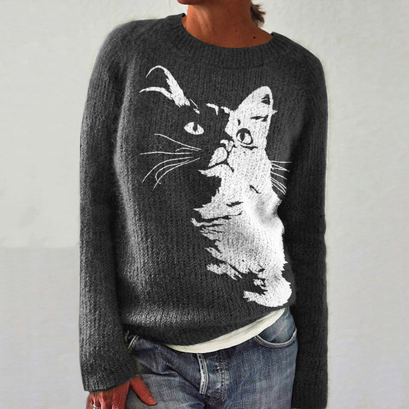 Fun Cat Print Women's Knitted Sweater elevenforest