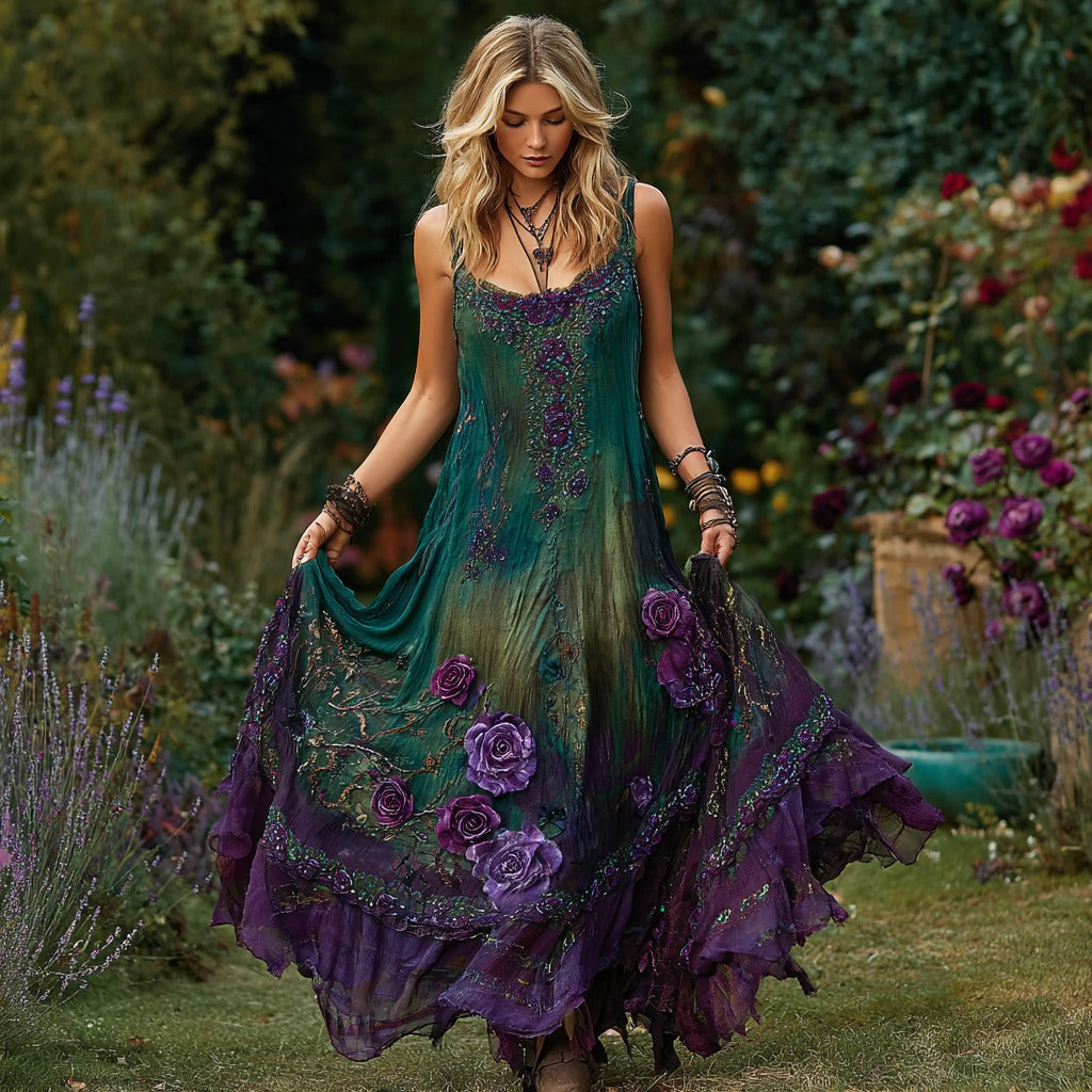 Women's Vintage Floral Embroidered Linen Maxi Dress elevenforest