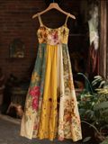 Bohemian Style Plant Flower Pattern Multi-color Women Cotton And Linen Strap Long Dress elevenforest