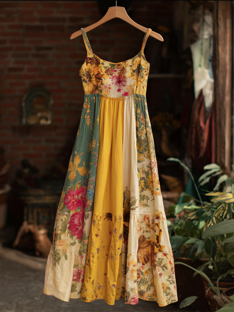 Bohemian Style Plant Flower Pattern Multi-color Women Cotton And Linen Strap Long Dress elevenforest
