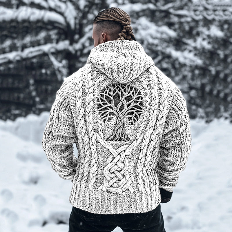 Men's Viking Tribal Tree Of Life Celtic Chunky Knit Hooded Sweater elevenforest