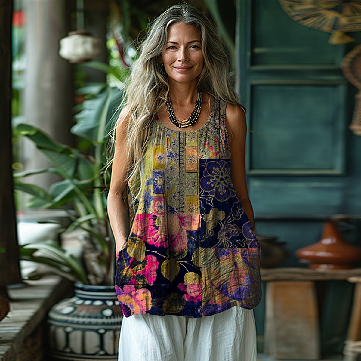 Women's Vintage Floral Patch Cotton And Linen Vest elevenforest