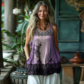 Vintage Boho Lavender Gradient Patchwork Art Print Women's Linen Tank Top elevenforest