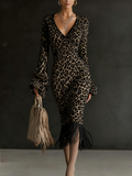 Printed Textured Knitted Tassel Hem Long Sleeve Midi Dress