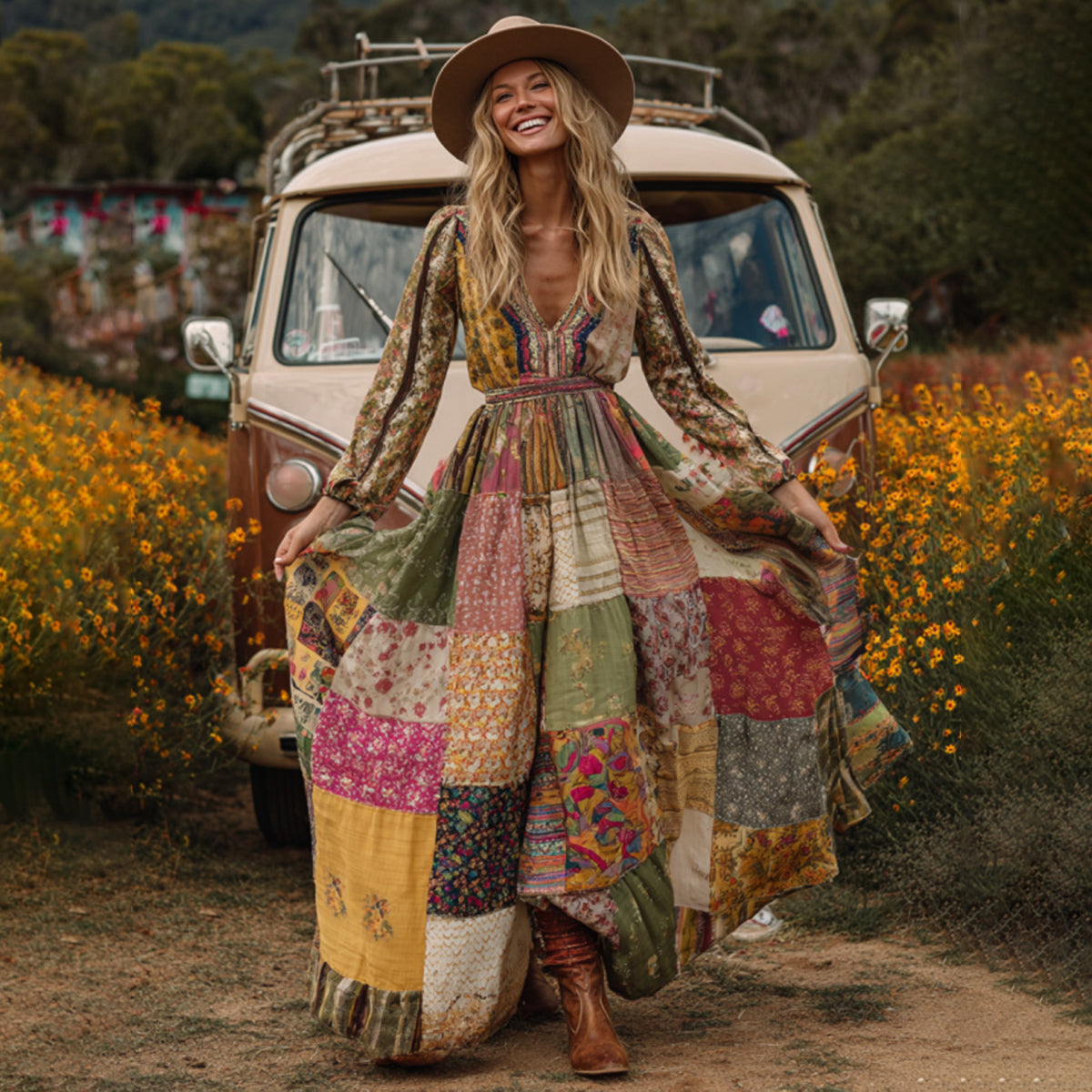 Countryside Style Collection Classy Patchwork Floral Pattern Art Linen Long Sleeve Maxi Dress elevenforest