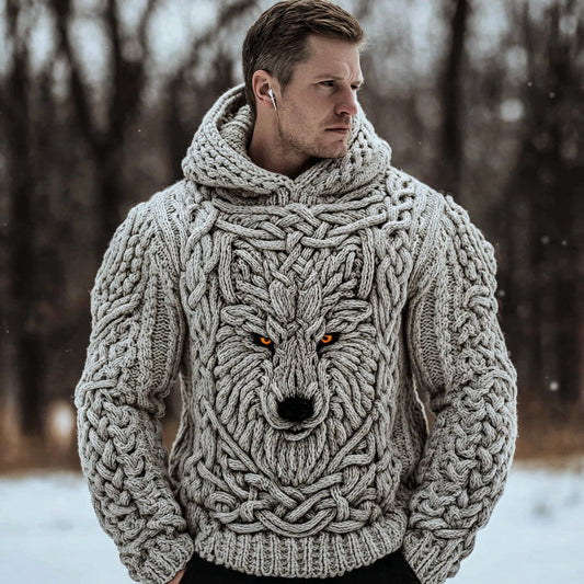 Men's Viking Celtic Wolf Knit Chunky Hooded Sweater artswardrobe