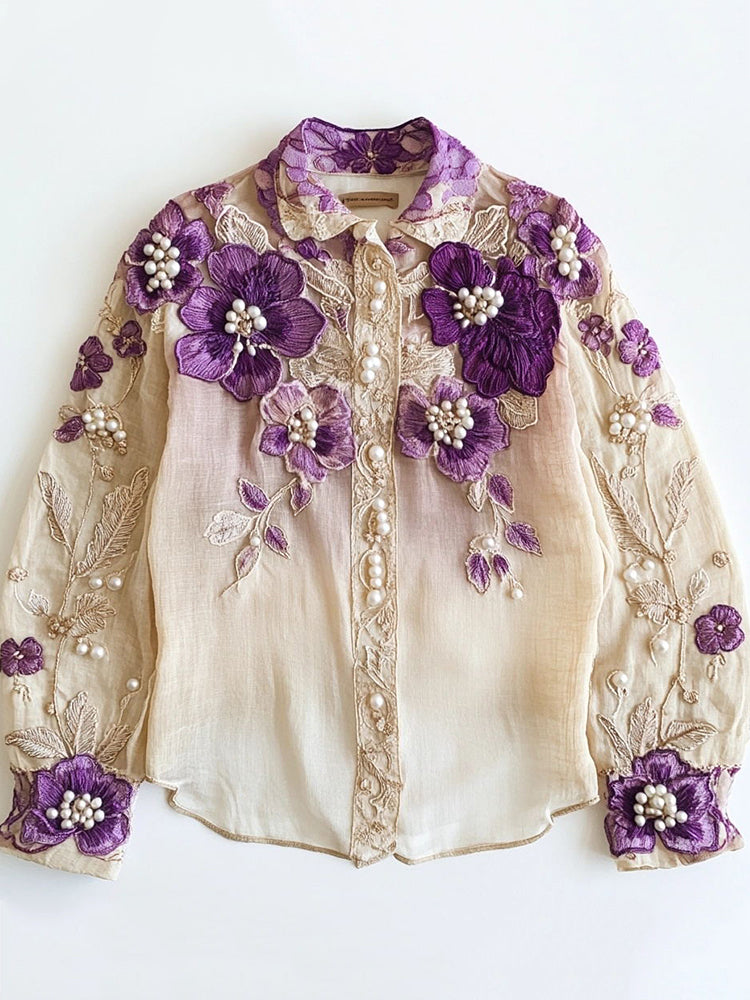 Women's Purple Floral Embroidered Linen Blend Shirt elevenforest