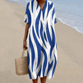 Women'S Water Stripes Printed V Neck Casual Midi Dress elevenforest