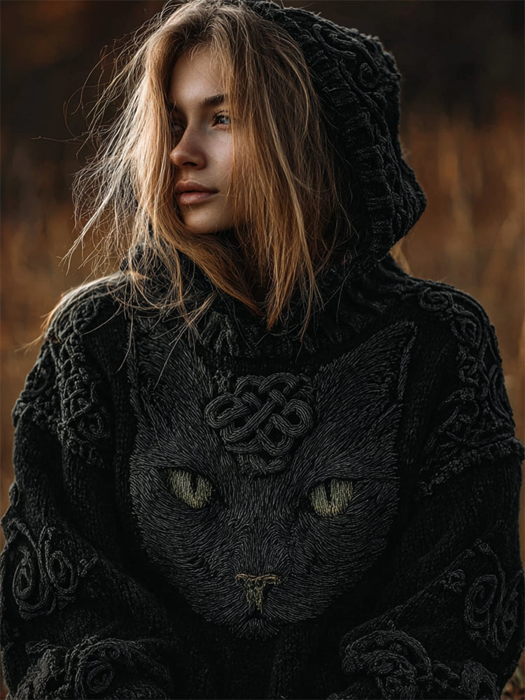 Vintage Celtic Black Cat Cozy Knit Hooded Sweater artswardrobe