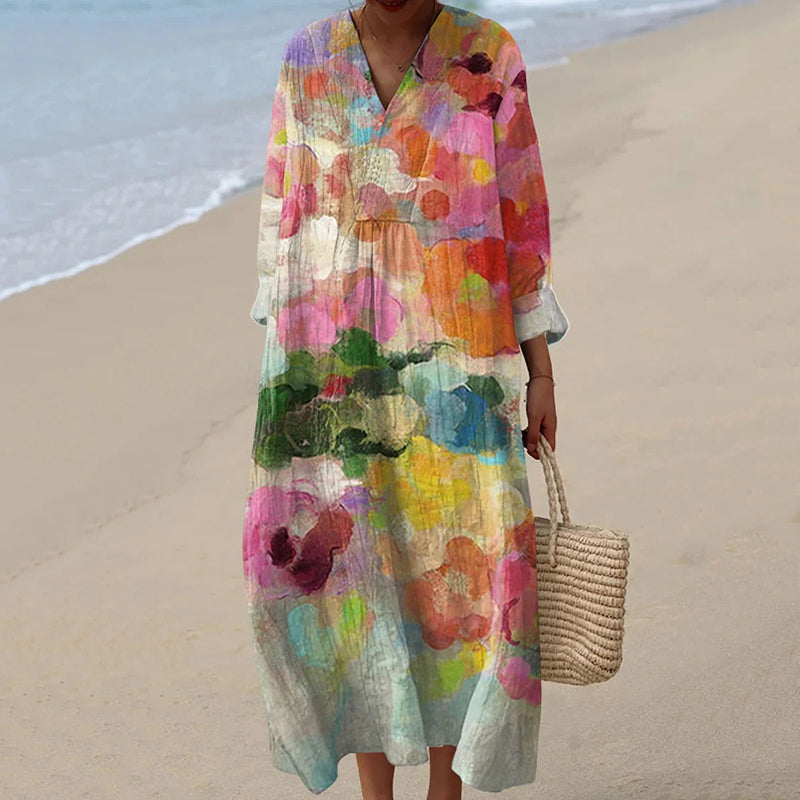 Women's Vintage Flowers Art Print Linen Dress elevenforest