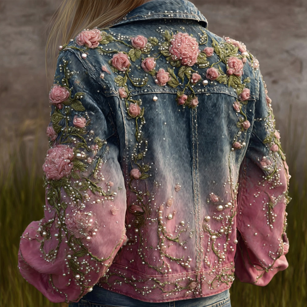 Women's Three-dimensional Flower Casual Retro Turtleneck Long-sleeved Denim Shirt elevenforest