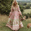 Vintage Bunny With Floral Art Women's Linen Long Sleeve Maxi V-neck Dress elevenforest