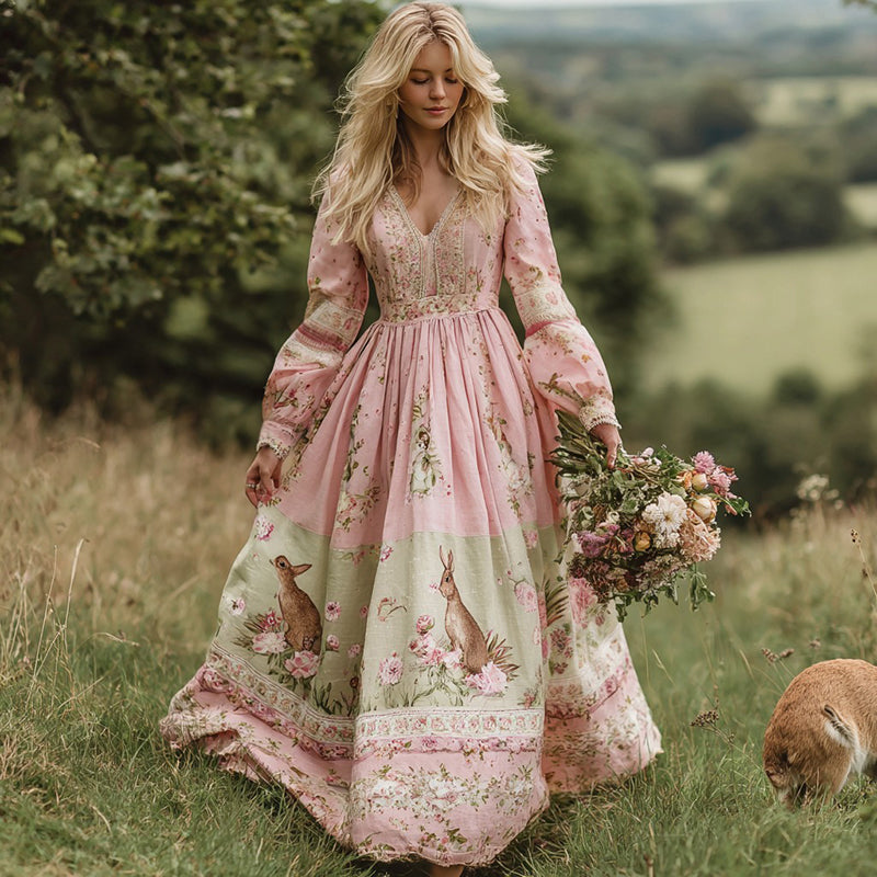 Vintage Bunny With Floral Art Women's Linen Long Sleeve Maxi V-neck Dress elevenforest