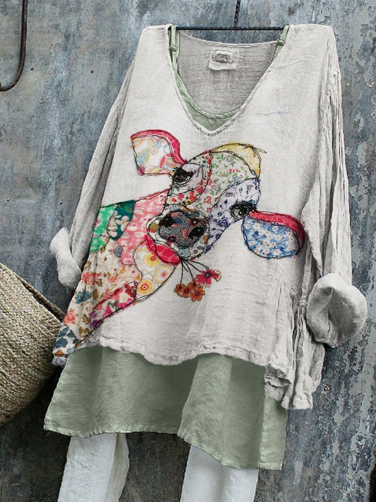 Peeking Cow Cottage Floral Patchwork Linen Tunic elevenforest