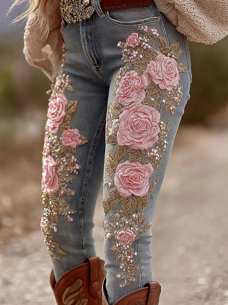 Women's Vintage Rose Floral Embroidery Art Jeans elevenforest