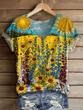 Women's Bohemian Floral Art Print V-neck Casual T-Shirt