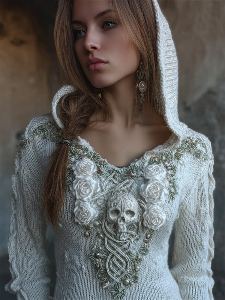 Vintage White Roses Skull Celtic Hooded Cozy Knit Sweater elevenforest
