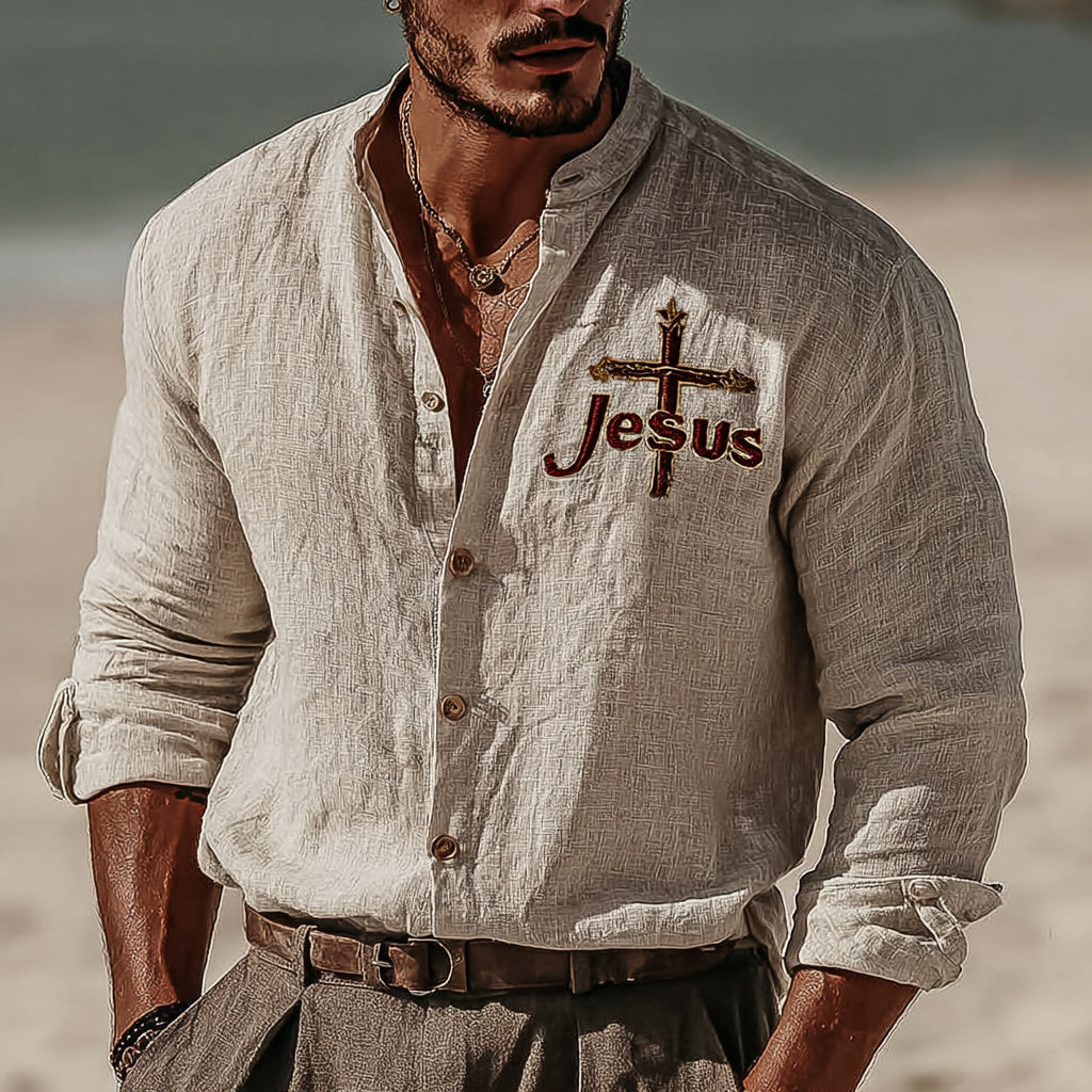 Men's Vintage Faith Ephesians 2:8  Art Loose And Comfortable Cotton And Linen Long-sleeved Shirts elevenforest