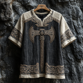 Men's Viking Runes Axe Celtic Patchwork Art Linen Shirt elevenforest